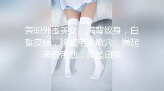 兼职外围美女，满背纹身，白皙皮肤，稀疏毛毛嫩穴，操起来很带劲，多是白浆